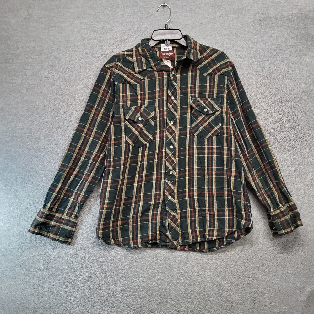 VINTAGE‎ Wrangler Men Button Up Shirt Large Green Flannel Pearl Snap Western